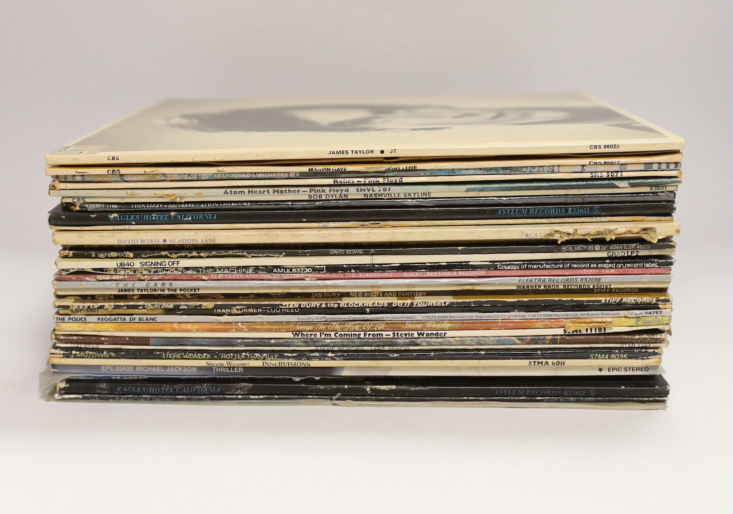 Thirty LP record albums, artists include; David Bowie, UB40, the Police, Pink Floyd, Bob Dylan, Thin Lizzy, the Eagles, Lou Reed, Stevie Wonder, Michael Jackson, etc.